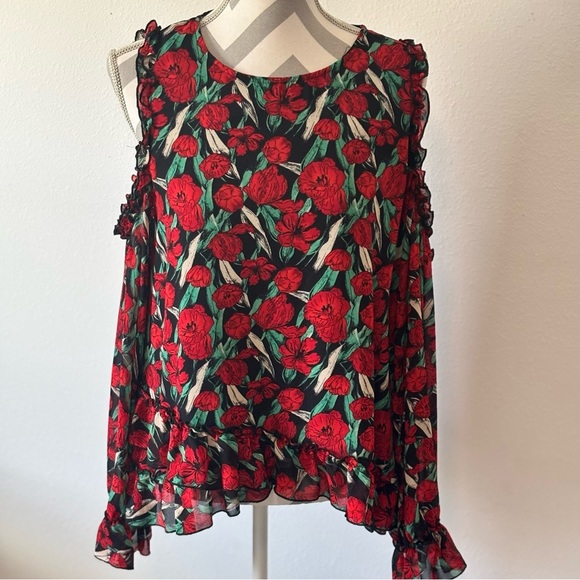 Women’s Krazy Kat Floral Cold Shoulder Blouse Size Medium Red Black Ruffle Hem - Picture 2 of 10